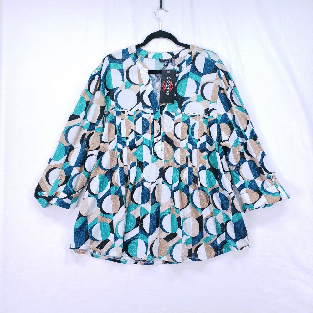 Cocomo Woman Pintuck Blouse Size 3X Multicolor Geometric Stretch Formal Preppy